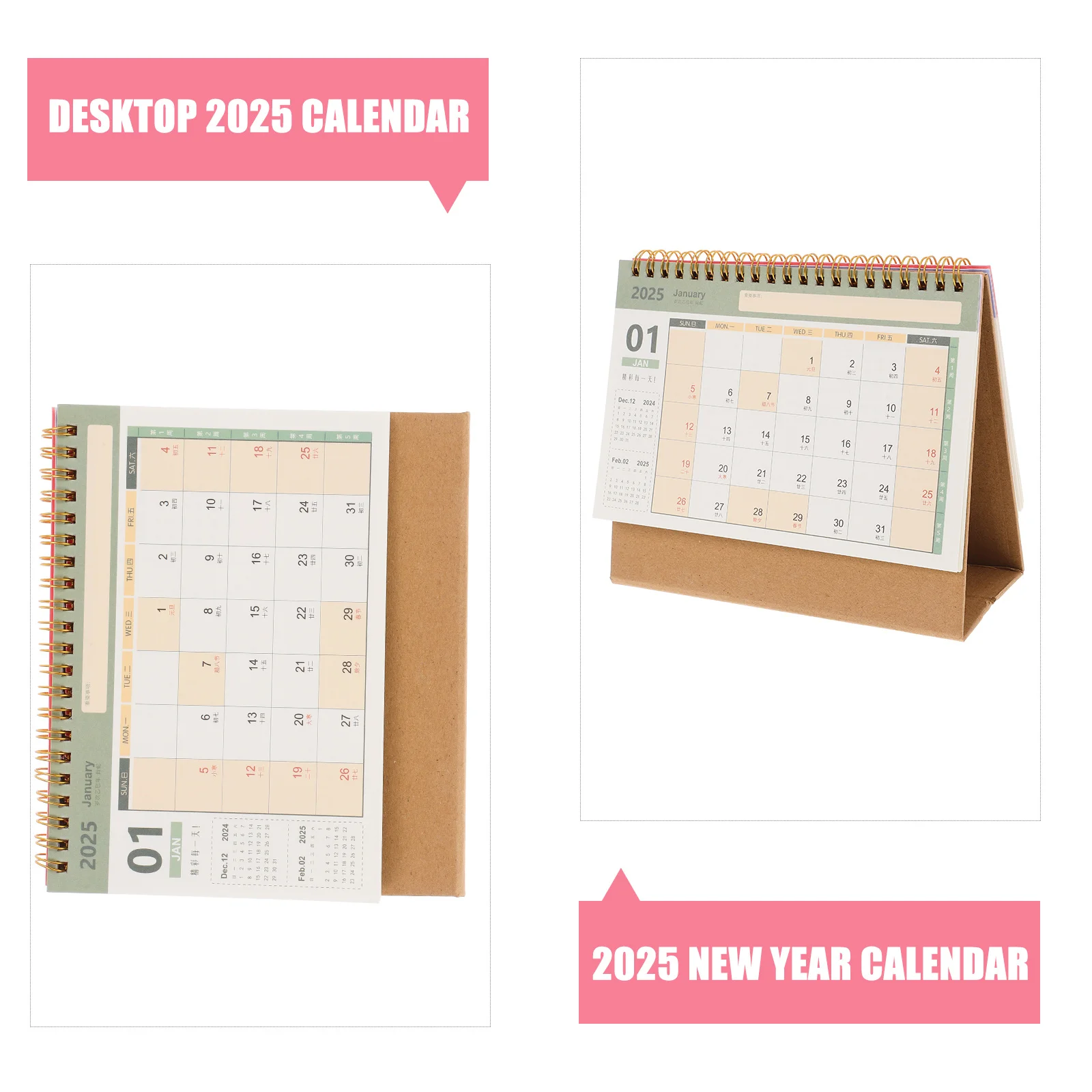 Escritorio pequeño de 2025, escritorio mensual de papel grueso, encuadernación de bobina fácil para oficina, hogar, aula, calendario abatible de pie