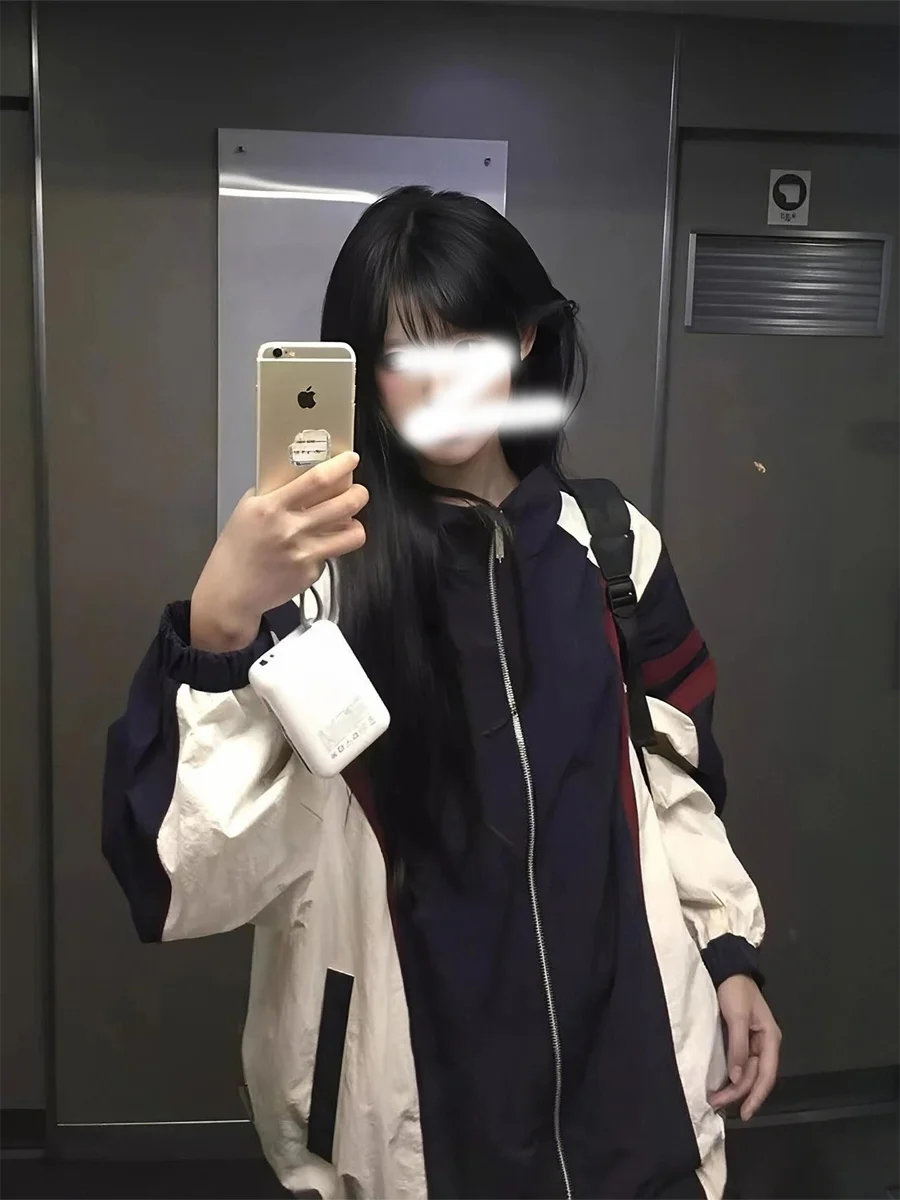 

Casual American Lazy Retro Patchwork Color Blo Loose Zipper Jaet Men's Women's Autumn Winter New Sle Couple's Outerwear