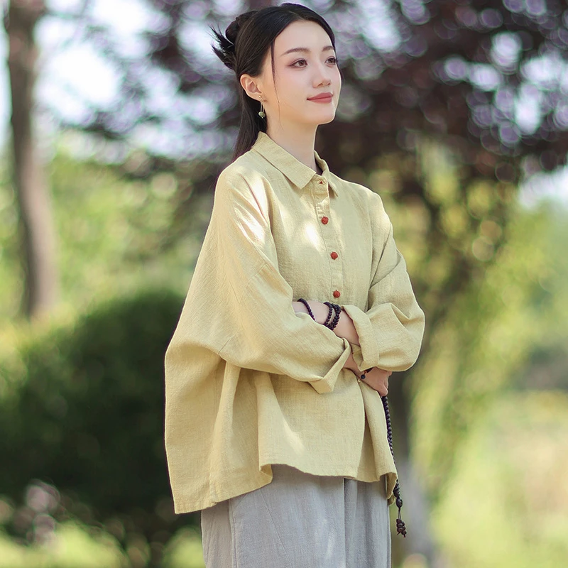 

Women Cotton Linen Casual Shirt New Arrival 2025 Autumn Vintage Style Plain Color Loose Female Long Sleeve Tops Shirts M2012