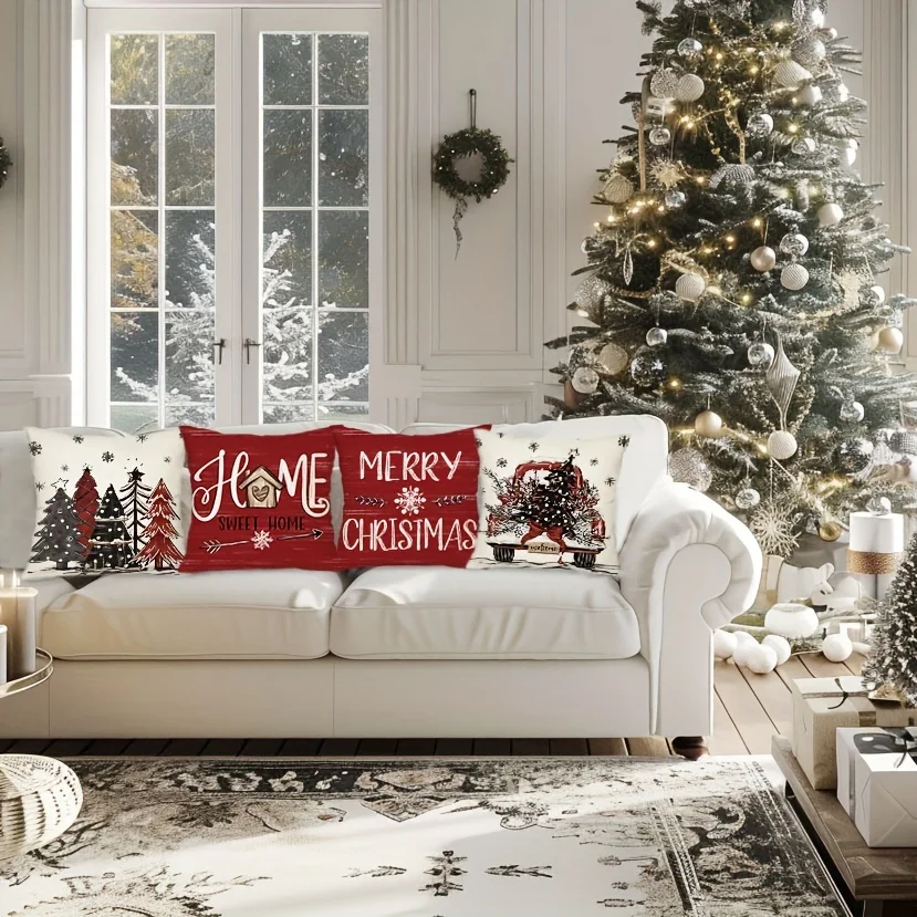 Vintage Farmhouse Christmas Pillow Covers -  Christmas Tree & Truck Print, Plaid | Decorative for Home/Outdoor (Without Inserts)