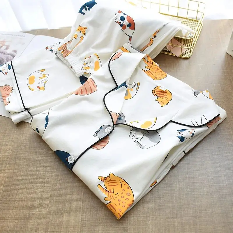 

00% Cotton Women's Pajamas 2023 Cute Print round Ne Svel Nightwear Comfortable Home Clothes Set for Autumn