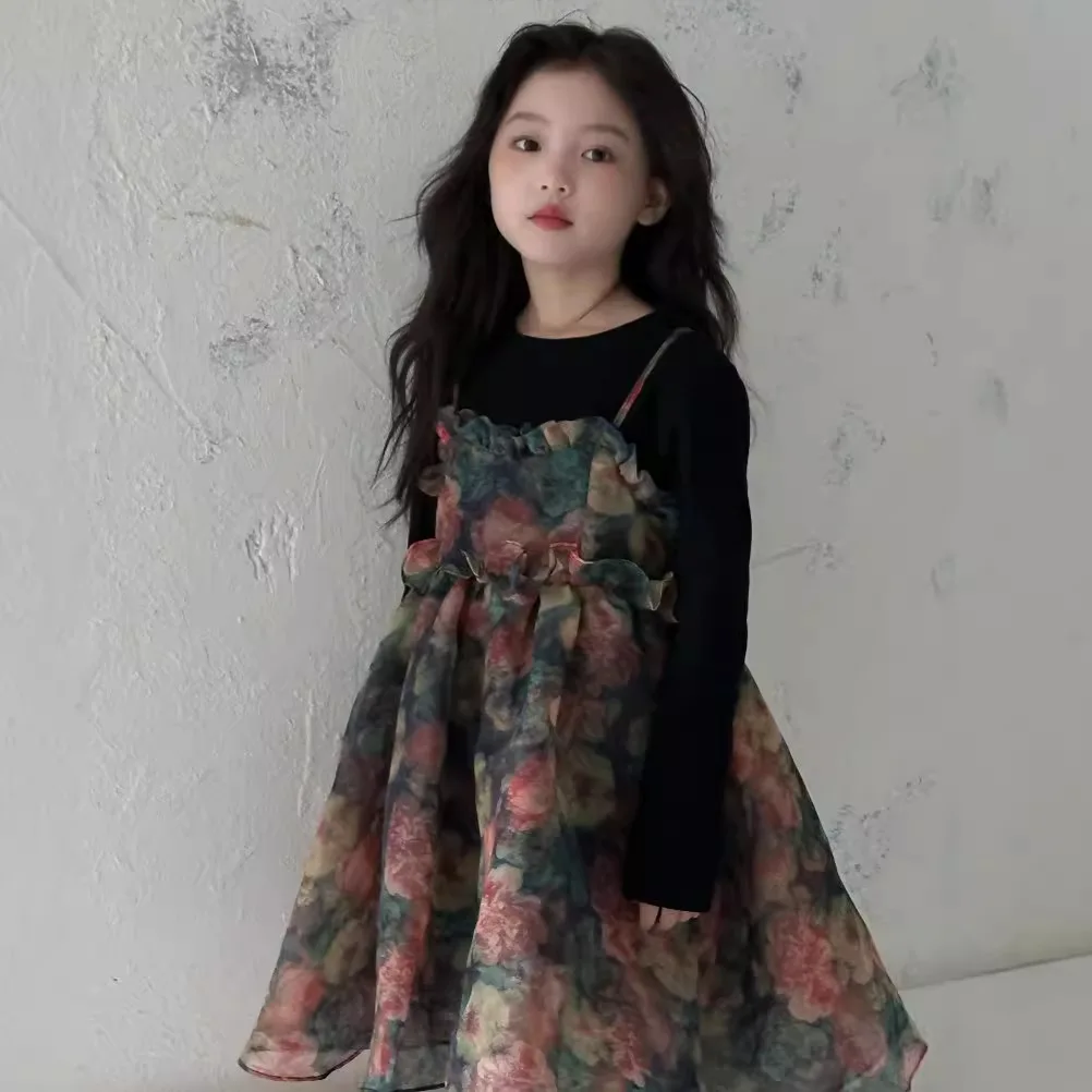 Girls Casual Dresses Autumn Girl Black T-shirt Camisole Flower Mesh Gauze Suit Princess Simple Printing Loose Beautiful 2024