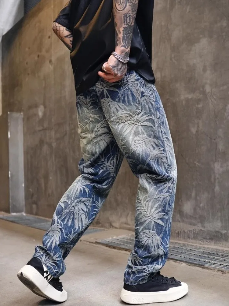 الهيب هوب خمر رجل الجينز فضفاضة تناسب مستقيم السراويل مصمم شارع العليا ربيع الخريف جديد الرجال المطبوعة عارضة الدنيم السراويل