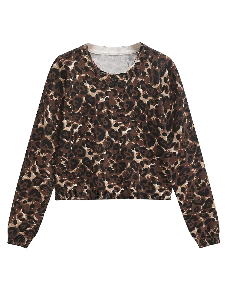 

2024 Autumn and Winter New European and American Round Neck Animal Leopard Print Long Sleeve Short Knitted Sweater