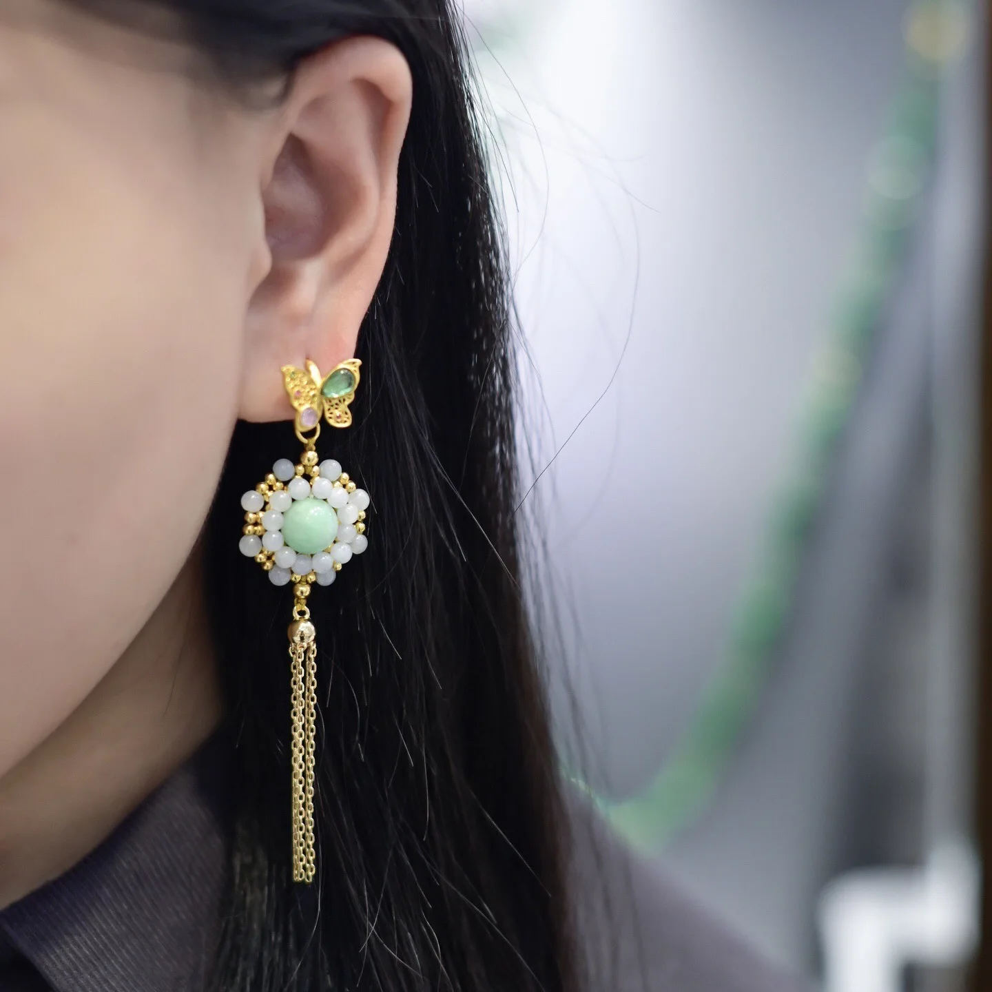 Natural Grade A Two-tone Jadeite Drop Earrings, Tourmaline Inlaid Butterfly Tassel Gilded S925 Silver Women Ear Jewelry
