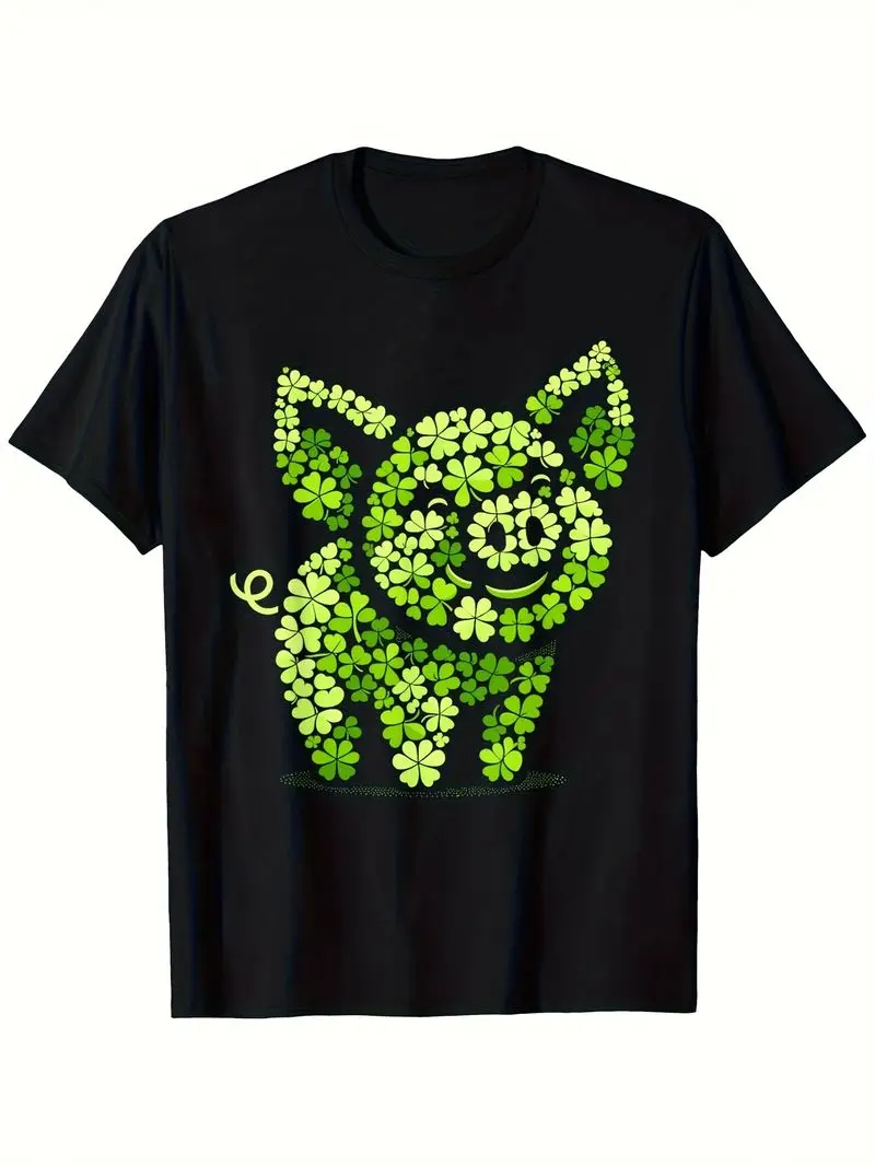 Pig Shamrocks St Patricks Day Pig T-Shirt 100% Single Side Printed Black Short Sleeve Mother's Day Gift For Mom Grandma 1Pc