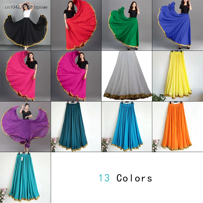Damen 720-Grad-einfarbiger Tanzrock, spanischer Flamenco, großer Schaukel, hohe Taille, langer Rock, mexikanisches Tanzaufführungskostüm