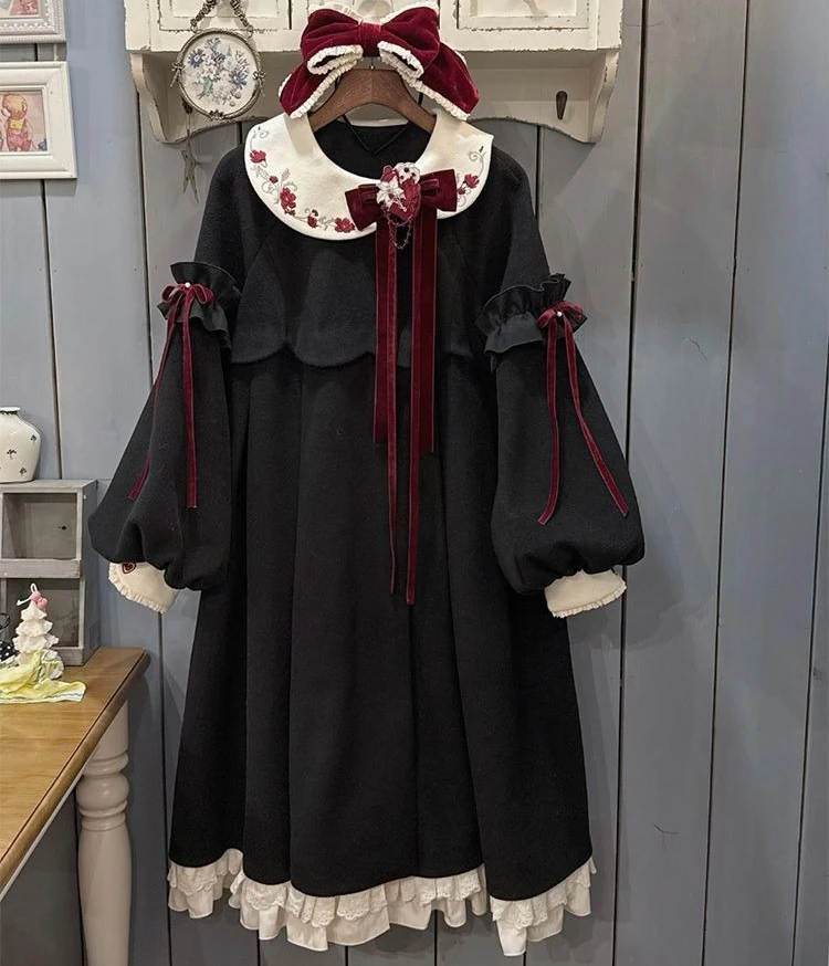 2026 Winter Japanese Sweet Lolita Jacket Dress Loose Floral Embroidered Neckline Medium Long  Vintage Cute Gothic Princess Dress