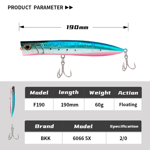 Imagen 2 del producto Señuelo de Pesca JIGGINGPRO Topwater Slim Popper de 190 mm y 60 g, Señuelos Duros de Superficie para Pesca de Arrastre, Señuelo Flotante para Agua Salada, Cebo para Pez Rey, Atún y GT