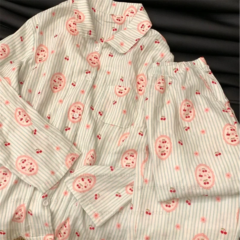 

Женская теплая одежда для сна, пижамный костюм в зеленую полоску, одежда для сна из 100% хлопчатобумажной пряжи, домашняя одежда, кавайные пижамы De Mujer, домашняя одежда