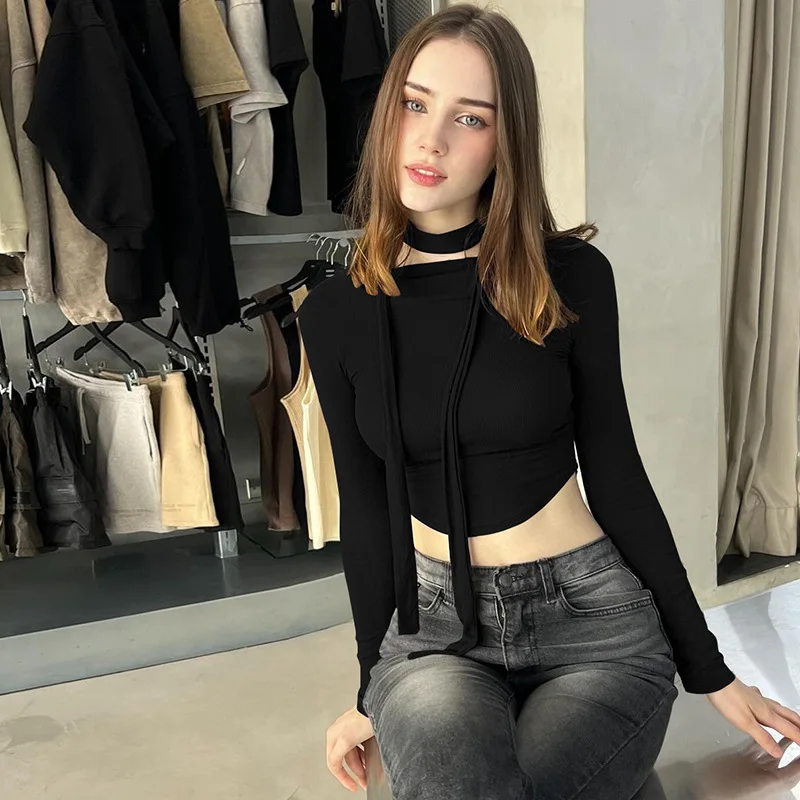 Lygens Solid Knit Rib Long Sleeve Slim High Waist Crop Top Tshirt Casual Clothing Autumn Fashion Korean Manufacturer Streetwear