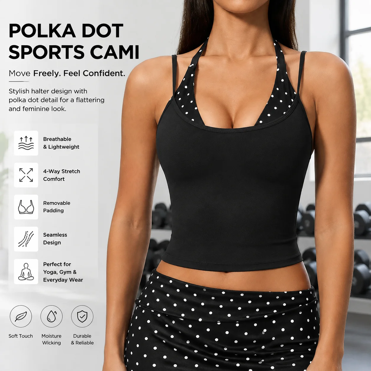Women's Halter Polka Dot Panel Longline Sports Bra Padded Spaghetti Strap Crop Tank Top Seamless Workout Cami for Yoga Gym Train
