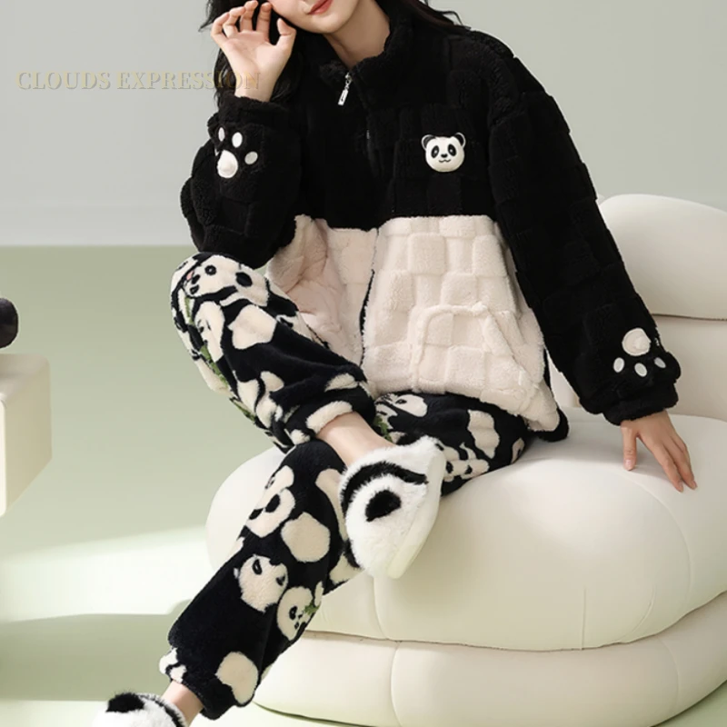 Winter Thick Flannel Women\'s Pajamas Sets Polka Dots Cartoon Panda Sleepwear Velvet Homewear Kawaii Girsl Pijamas Mujer Pyjama