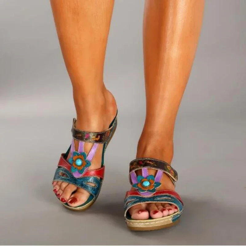 Ethnic Summer Shoes Women\'s Slippers Heeled Sandals for Women Retro Flower Roman Platform Shoes New Big Size Pantuflas De Mujer