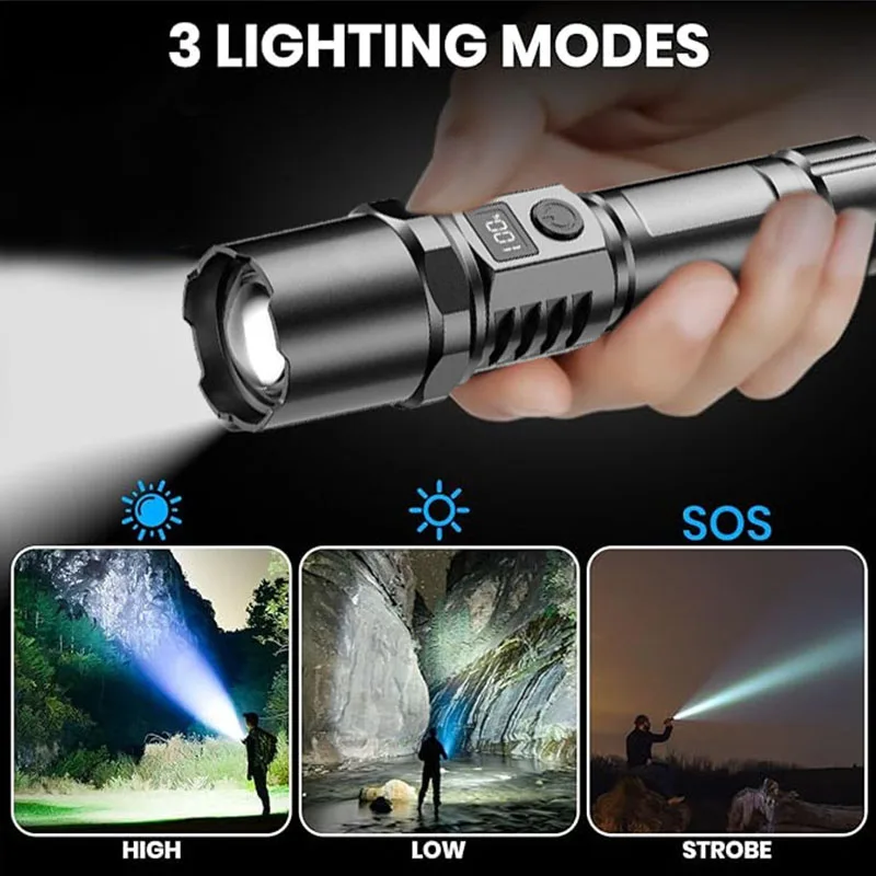 Lampe de poche LED téléscopique aste par USB, lampe torche n'aime, affichage de la batterie, flash de camping en plein air, injuste