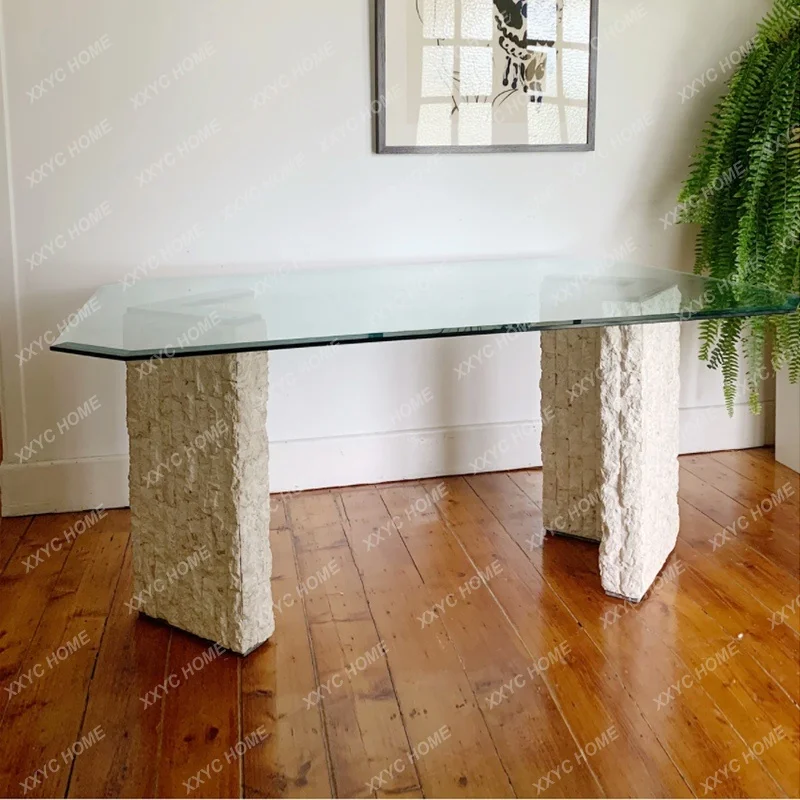 L Natural Travertine Dining Table Modern Simple Tempered Glass Square Dining Table  Light Luxury Marble Negotiation Table