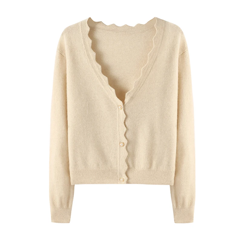 

New Fashion Women's Clothes100%Cashmere Long Sleeve V-neck Sweater Cardigan High Quality Spring and Autumn Petal Collar Knit Top