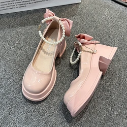 Fairy style Mary Jane shoes for women in spring new French style pearl gentle fashion matching thick heeled small leather shoes