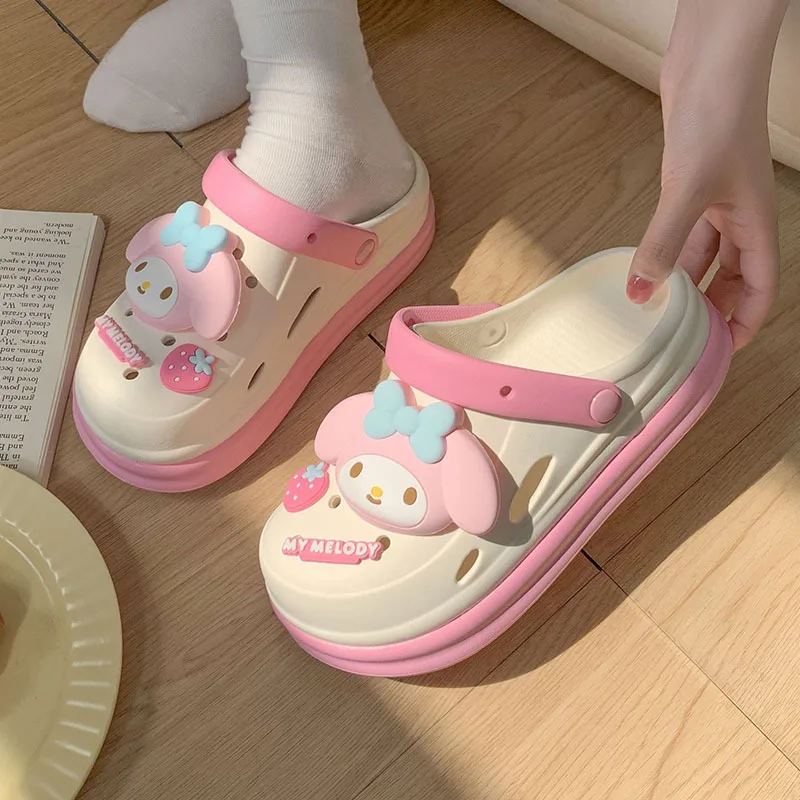 

2024 Sanrio New Kawaii My Melody Cute Cartoon Women Thick Soles with Holes for Wearing On The Outside Eva Home Anti Slip Slipper