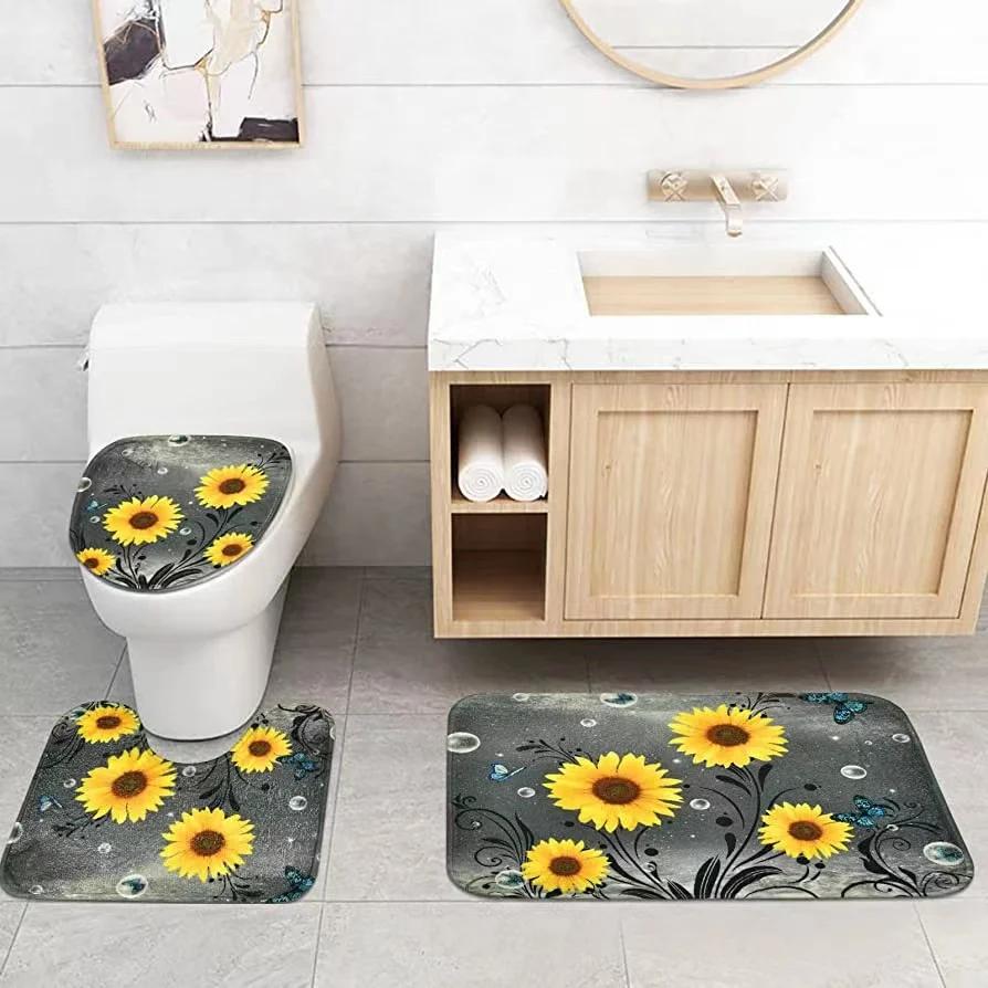 Ensemble de rideaux de douche en tournesol, avec tapis, couvercle de toilette, tapis de bain, papillon bleu, antidérapant, décor de salle de bain, 4 pièces