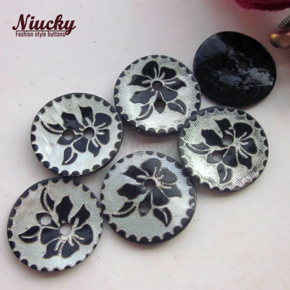 Niucky 15mm Black Laser Rose Akoya Shell Buttons For Sewing 2 Holes Akoya Shell Shirt Cardigan Buttons S0101-018