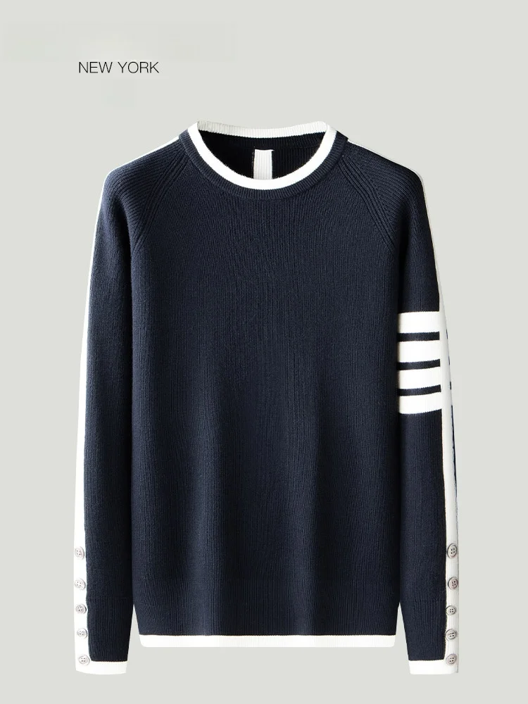 

Элитный мужской вязаный шерстяной свитер с круглым вырезом, весенне-осенний, с четырьмя цветными полосками, модный городской стиль, длинный рукав, круглый вырез горловины