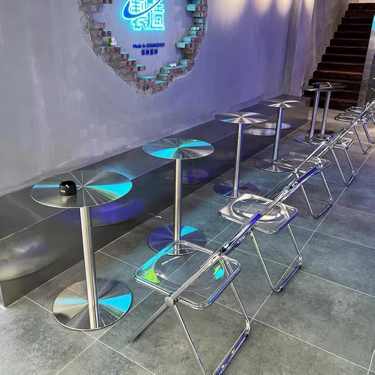 Customized industrial style milk tea shop stainless steel small round table and chairs, simple modern burger Internet celebrity