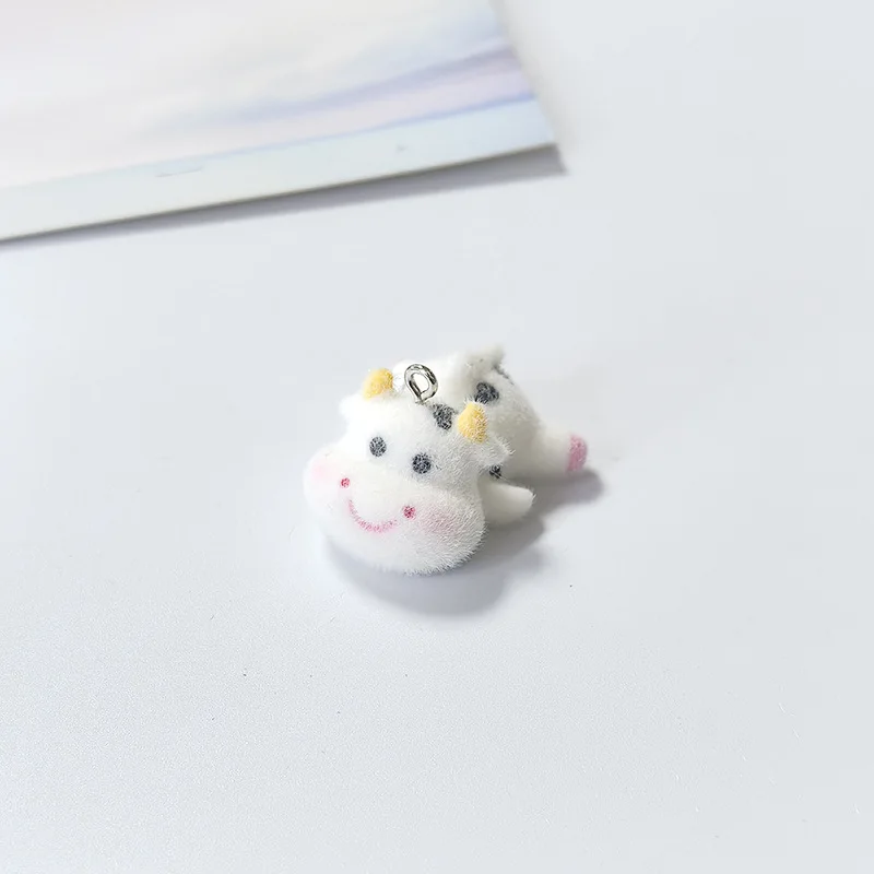 30pcs Cute Flocking dairy cattle Charms Cartoon resin animal Pendant for Keychain phone chain make Accessories