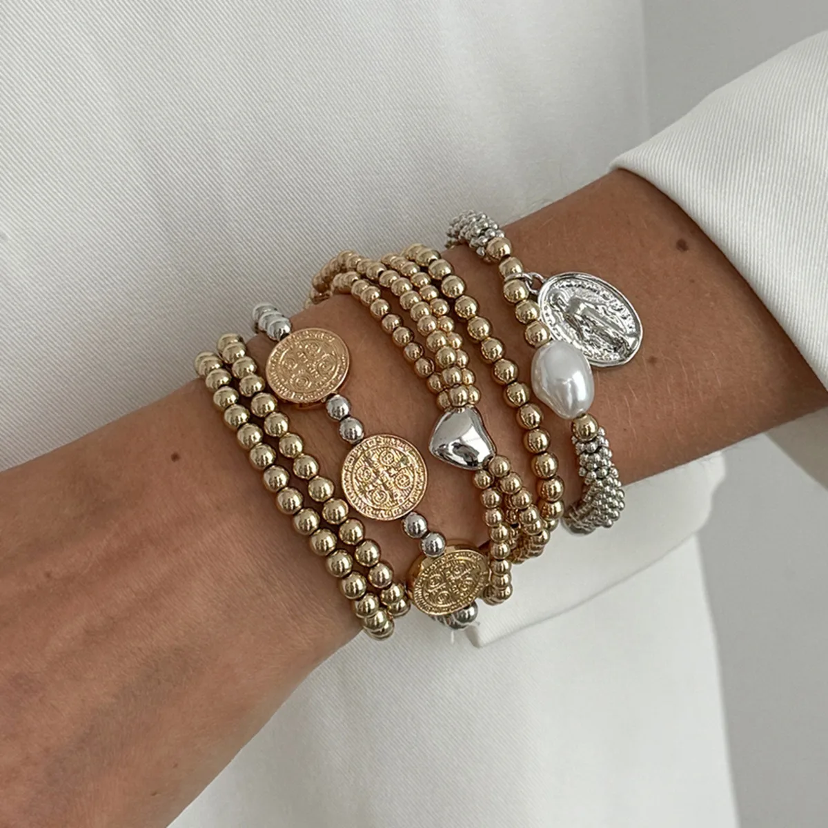 

6Pcs/Set Retro Imitation Pearls Heart Pendant Bracelets for Women Creative Mixed Color CCB Beads Chain New Year Jewelry