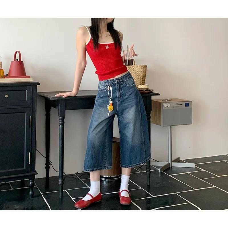 

Vintage Washed Jeans with Old Texture, High Waist and Loose Wide Legs