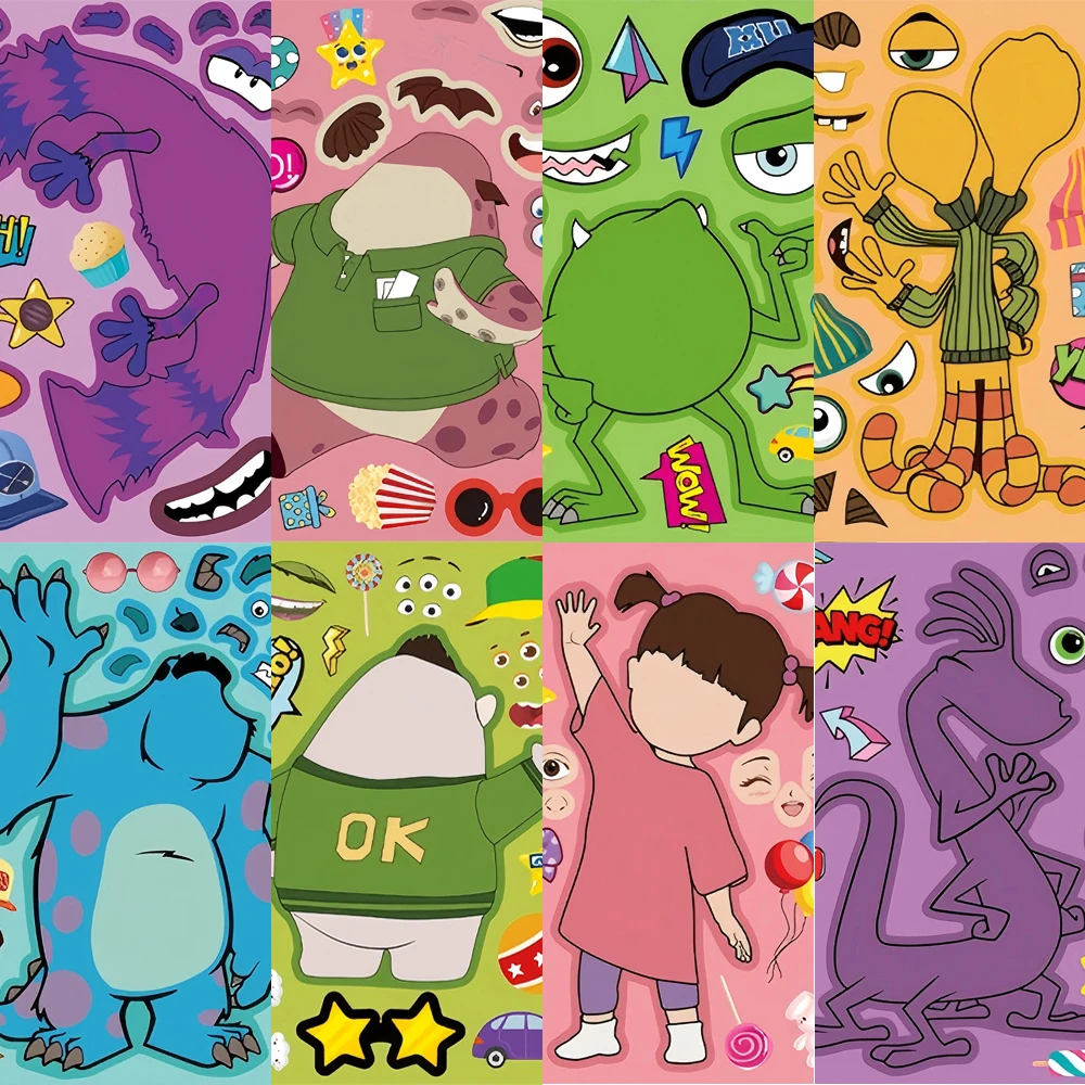 

8/16sheets Disney Monsters University Puzzle Stickers Make a Face Assemble Jigsaw Decals Funny Cartoon DIY Toy Kid Party Gift