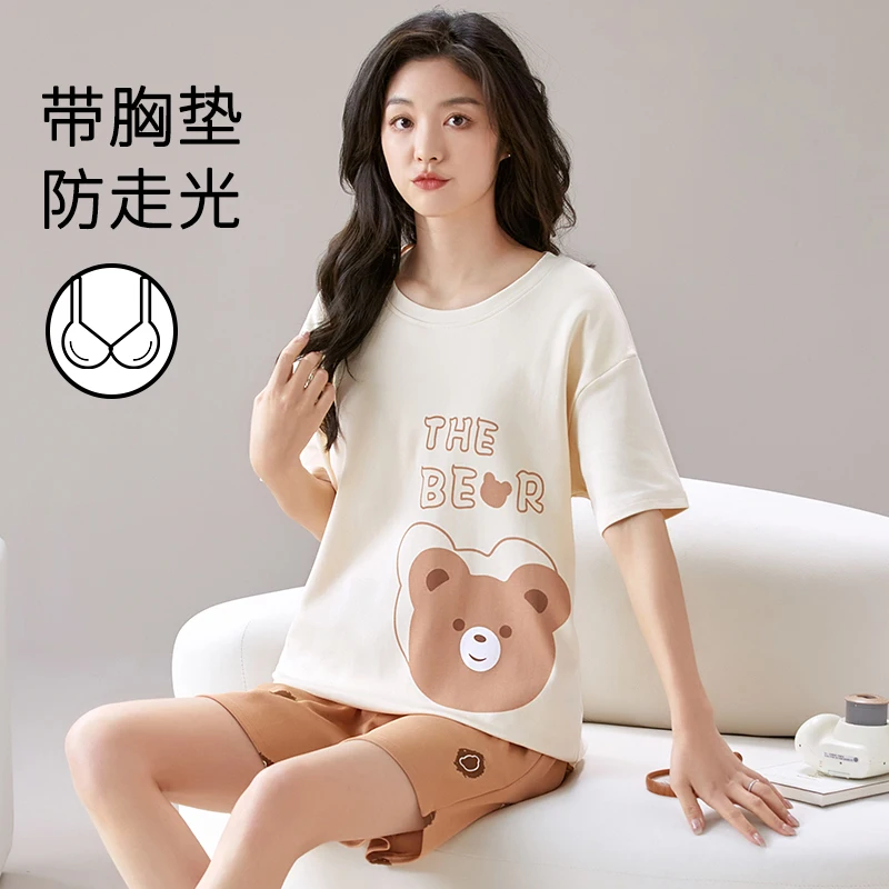 Summer Women Pajamas Set With Chest Pad Ladies Knited Cotton Sleepwear Female Cute Cartoon Leisure