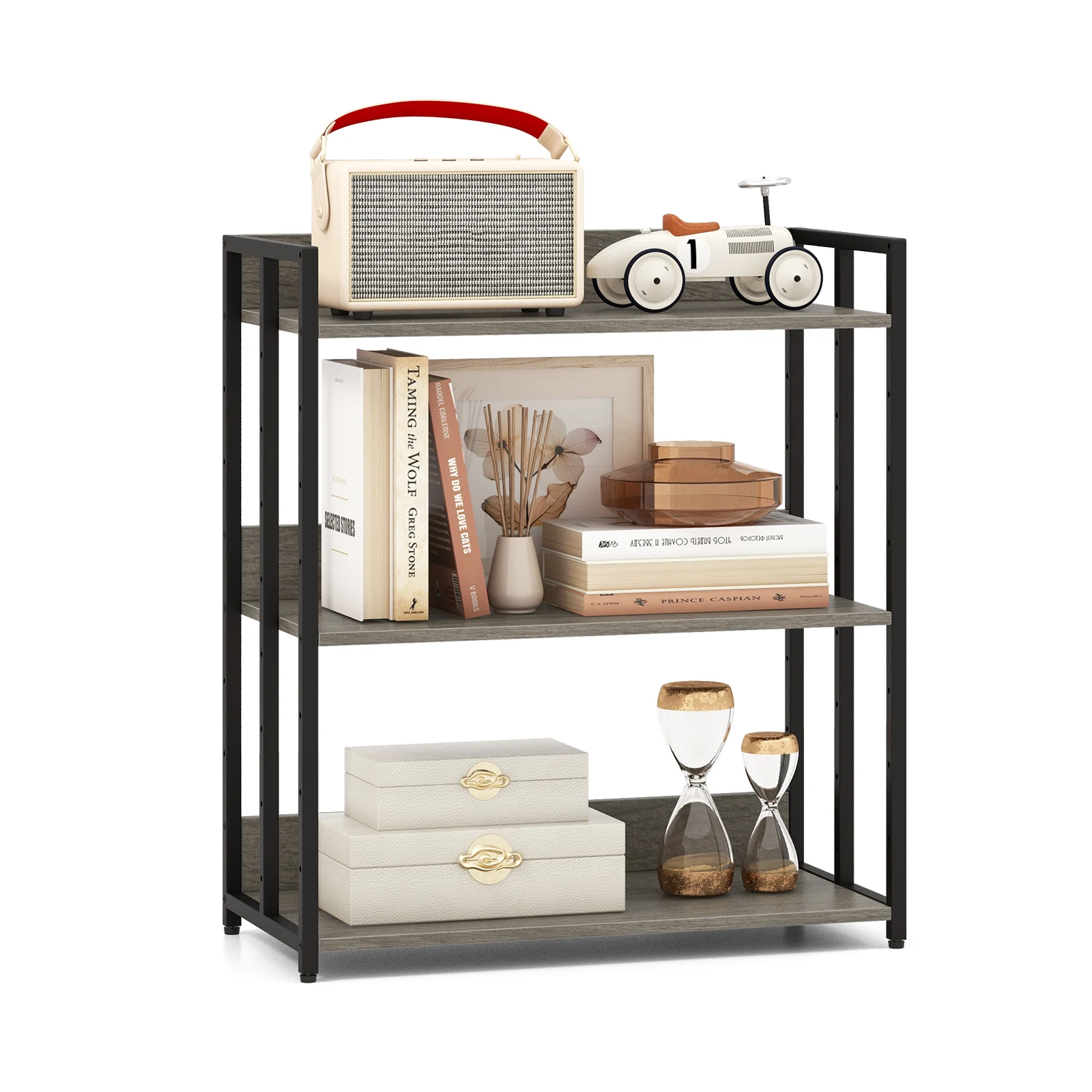 GOFLAME 3-Tier Bookshelf, Industrial Corner Bookcase w/ Adjustable Shelves & Metal Frame