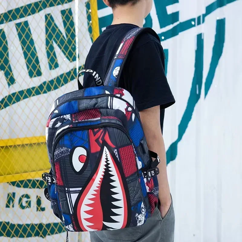 Mochila Anime para homens, mochila com estampa de tubarões-aranha, mochila para laptop, mochila para estudantes, júnior, tendência da moda