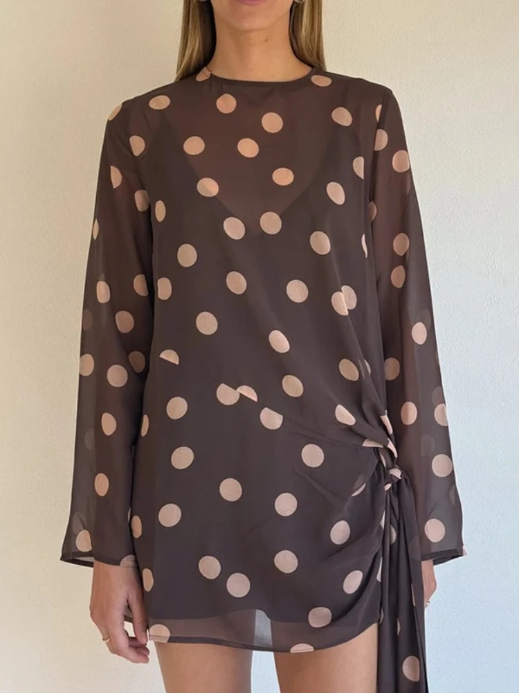 

Polka Dot Long Sleeve Sexy Mini Dress for Women Fashion Autumn O Neck Draped Ruched Club Party Print Dress Female 2025