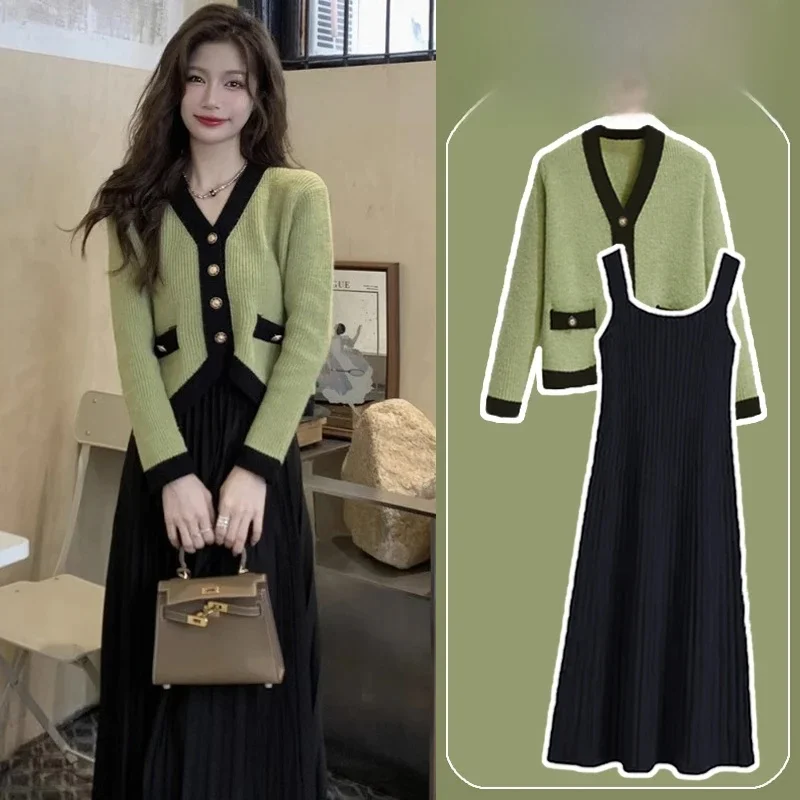 Olive een Cardigan lavorato a maglia in colore a contrasto e cinturino Dr Set Faion da donna Autunno Inverno Set in due pezzi a vita alta Lungo S...