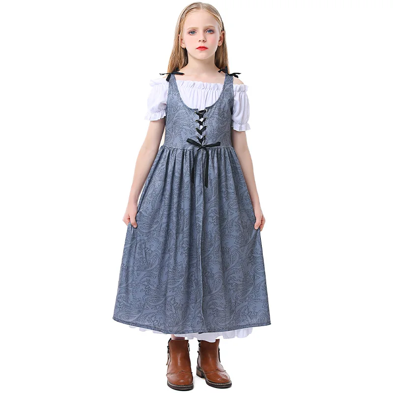 Vestidos victorianos de manga corta con estampado gris, vestido con cordones, bata elegante para chica, disfraz de fiesta elegante para Halloween