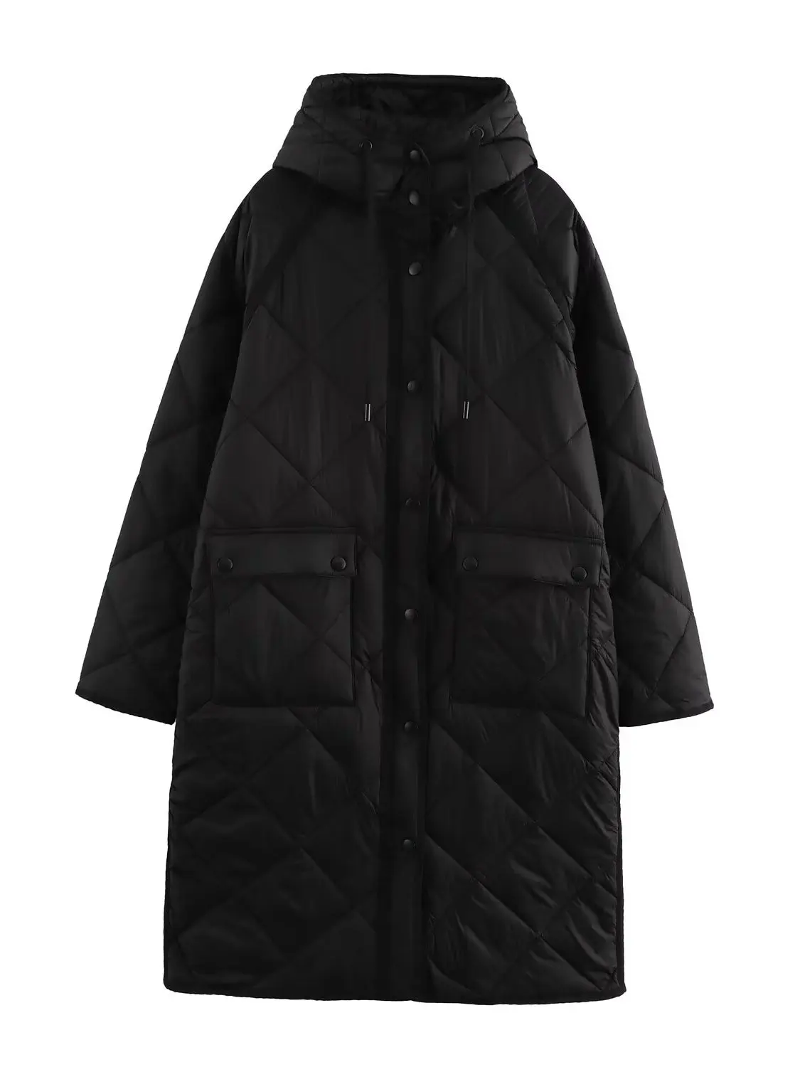 Ladies' Lazy Style Hooded Mid-Length Diamond Stitched Cotton Jacket Thin Outerwear Coat Straight Leg Regular Sleeve Capsule