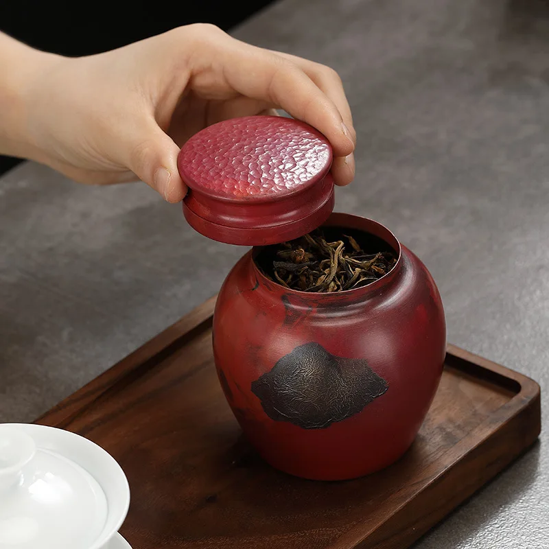 Red Copper Tea Canister, Silver-Plated Decor, Handmade Burnished Finish, Airtight Storage Jar, Portable Tea Box
