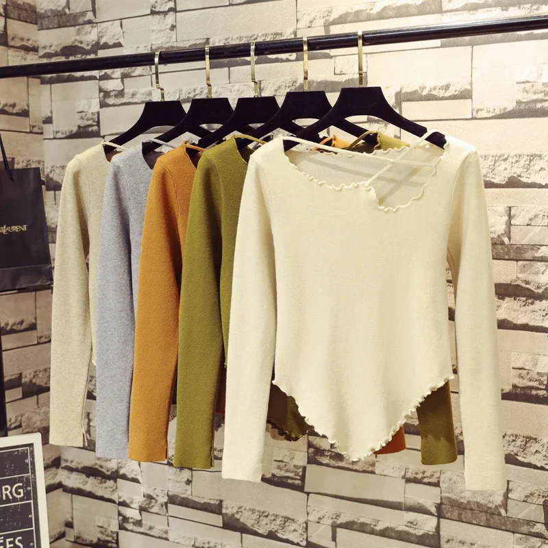 

Cross Irregular Knitted Shirt Women's Slim Body Knitted T Shirts Women Thin Short Sweater