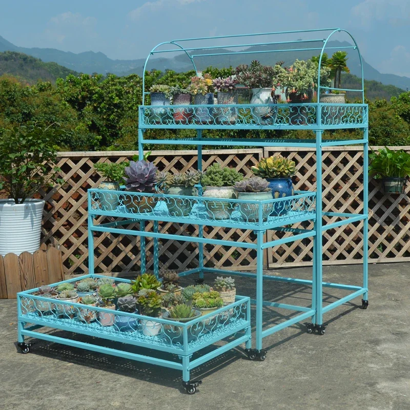 Étagère à fleurs succulentes, balcon multicouche en fer forgé du sol au plafond, terrasse mobile intérieure et extérieure avec roulettes, parasol