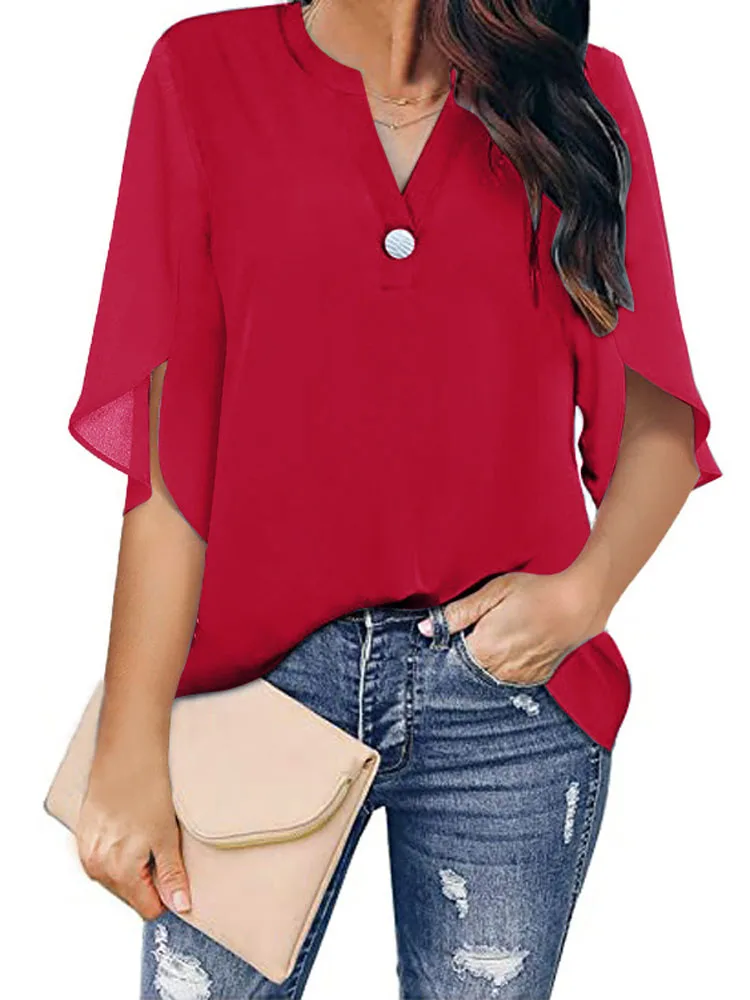 Women V Neck Chiffon Loose Blouse Tops Summer Casual Lady Solid Elegant Thin Half Sleeve Blouse Shirts ZC-ZC318