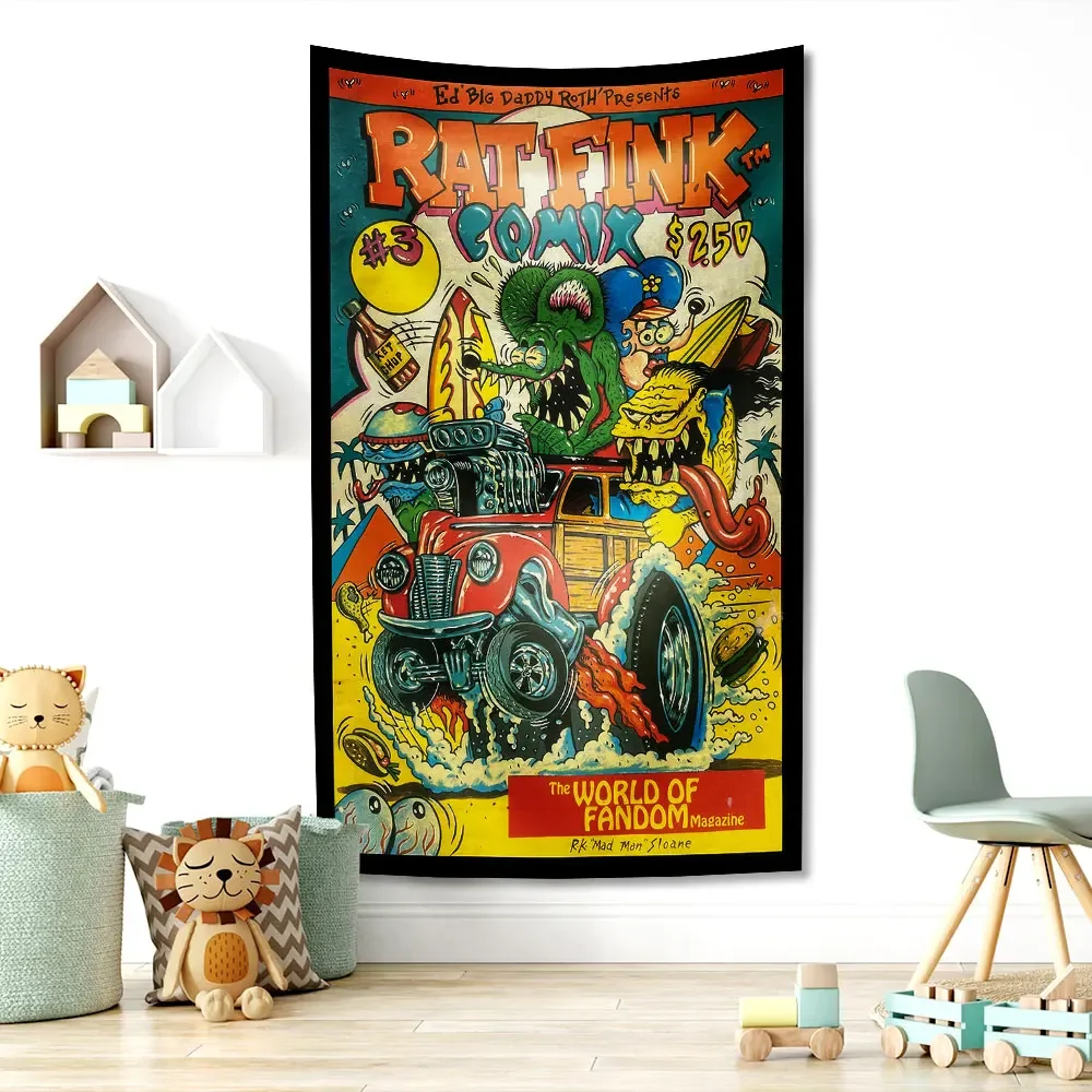 

Rat Fink Fashion Tapestry Funny Meme Print Cloth Bar Motocycle Club Or Home Garage Bedroom Wall Decorations boho decor