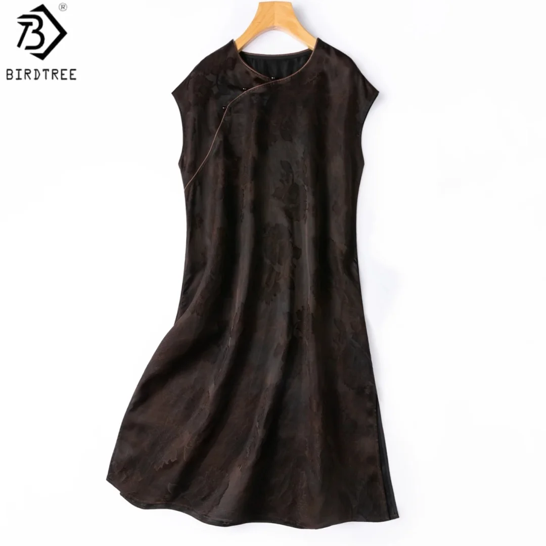 BirdTree, 100% Real Silk Cheongsam Dress, O-neck Short Sleeve, Jacquard, Women Floral Luo Xiangyunsha Dresses, 2026 New D67830JF