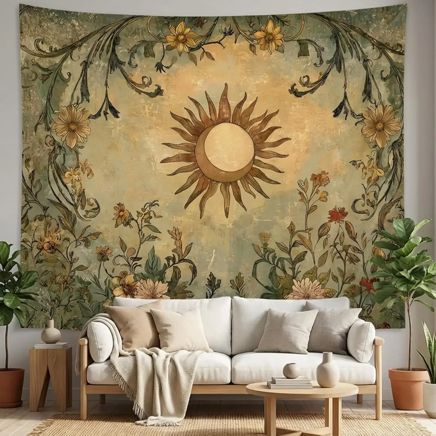 Large Botanical Floral Tapestry Wall Hanging Sun Boho Bohemian Vintage Flower Mural Decor Boho Tapestry for Living Room Art