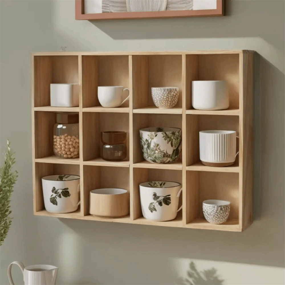 Solid Wood Wood Desktop Organizer Squares 12 Compartments Wooden Storage Holder Vintage Style Decorative