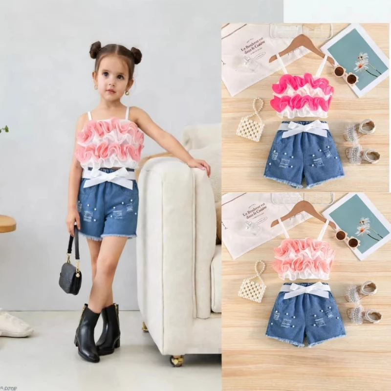 2026 New Arrival Kids Girls Casual Outfit Mesh Flower Vest + Ripped Frayed Denim Shorts 2PCS Set 2. for 2-8Y