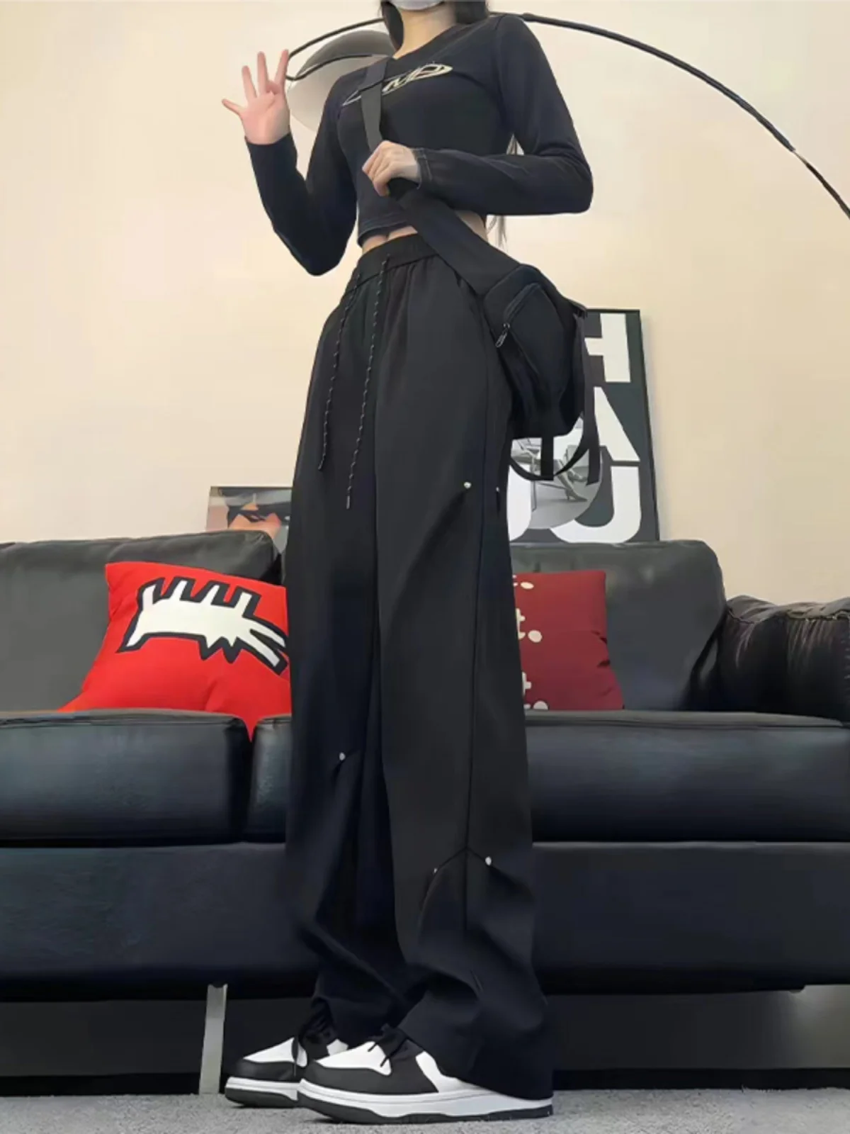 

Bla Мужские летние повседневные брюки Ironed Ice Silk Qui Dry Rivet Design Свободный крой со средней высокой талией Длинные прямые брюки