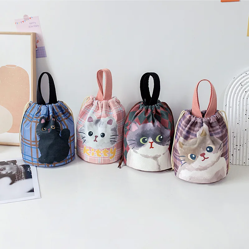 Cat Pattern Cooler Lunch Box Portable Insulated Canvas Lunch Bag Thermal Food Picnic Drawstring Lunch Bags For Women Kid