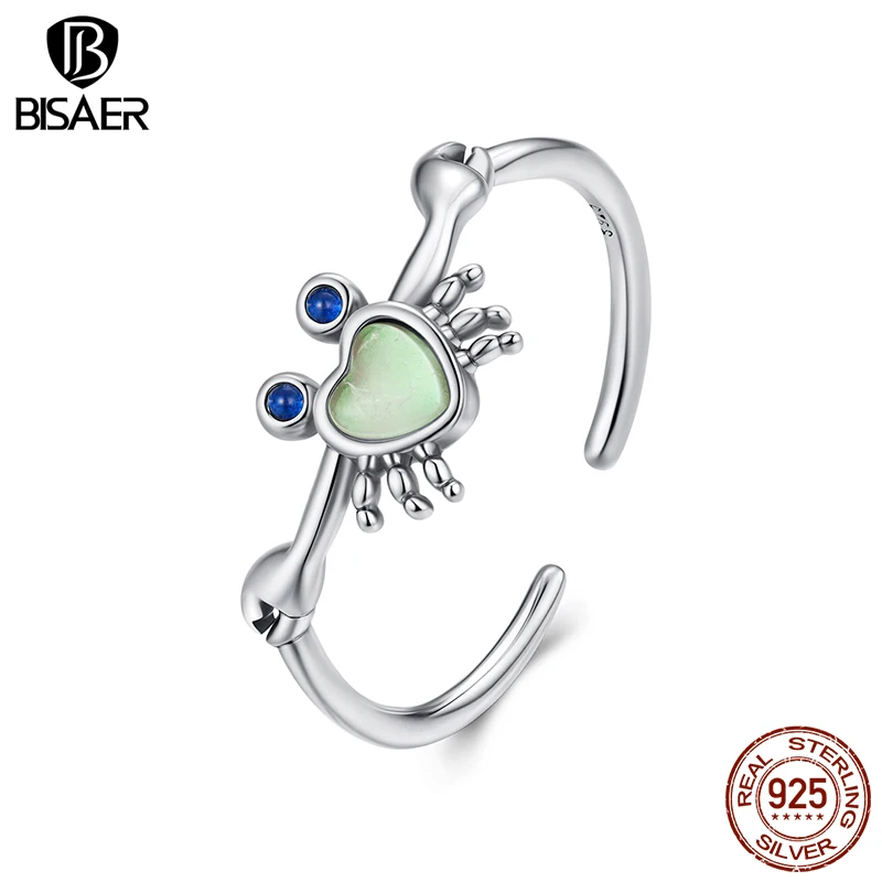 BISAER 100% 925 Sterling Silver Cute Crab Open Ring Adjustable Moonstone Heart Band for Women Party Fine Jewelry Holiday Gift